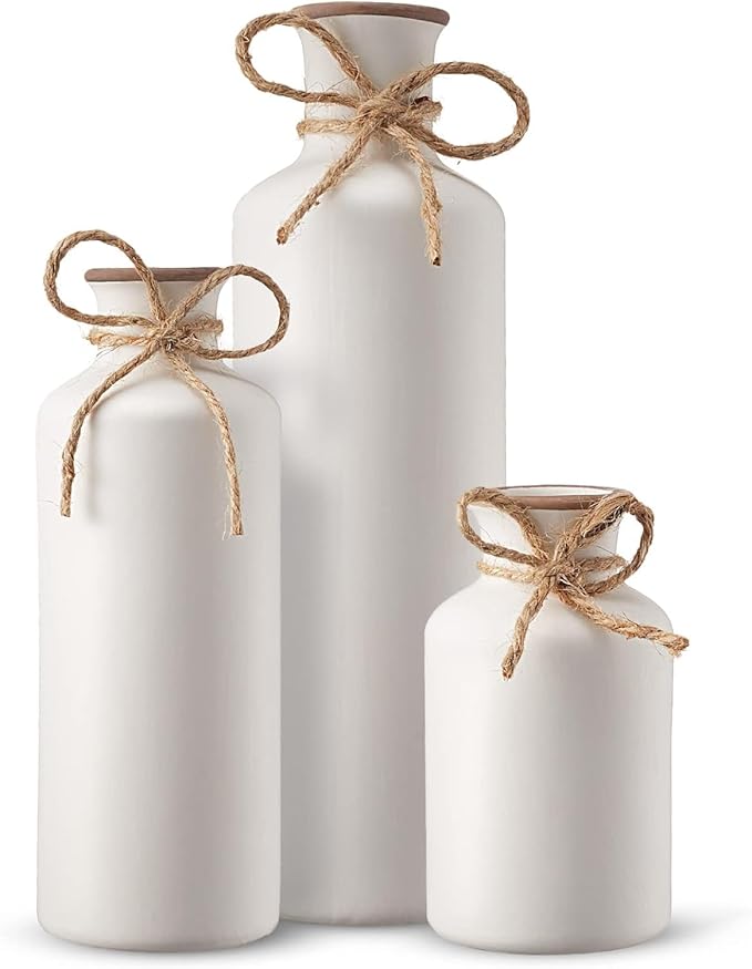 PUREZENTO Vintage Roman White Vase - Set of 3 | Decorative Bottle Shaped Vases with Twine Bow for Rustic, Farmhouse & Home Decor | Showpiece Vases for Living Room, Dining Table & Office Styling