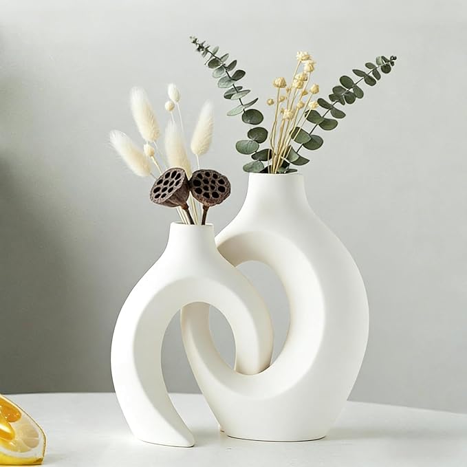 PUREZENTO Abstract White Ceramic Donut Vase 8.4 & 6.8 Inch - Set of 2 | Decorative Hollow Donut Vase for Dried Flowers & Pampas Grass | Vases for Modern Home Decor, Living Room, Office Decor Ideas