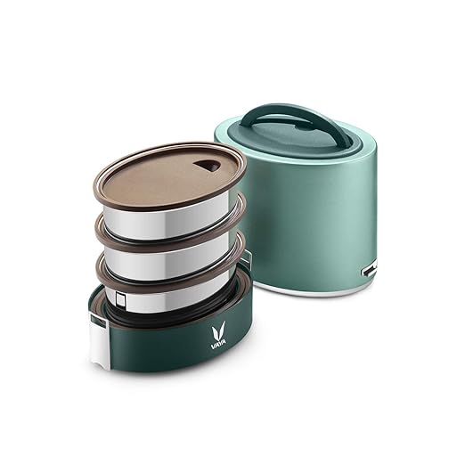 VAYA TYFFYN Lunch Box for Office for Men, with Polished Stainless Steel Containers,1000ml Thermal Insulated Hot Lunch Box Without BagMat, Hot Tiffin Box with 3 Compartments,Green