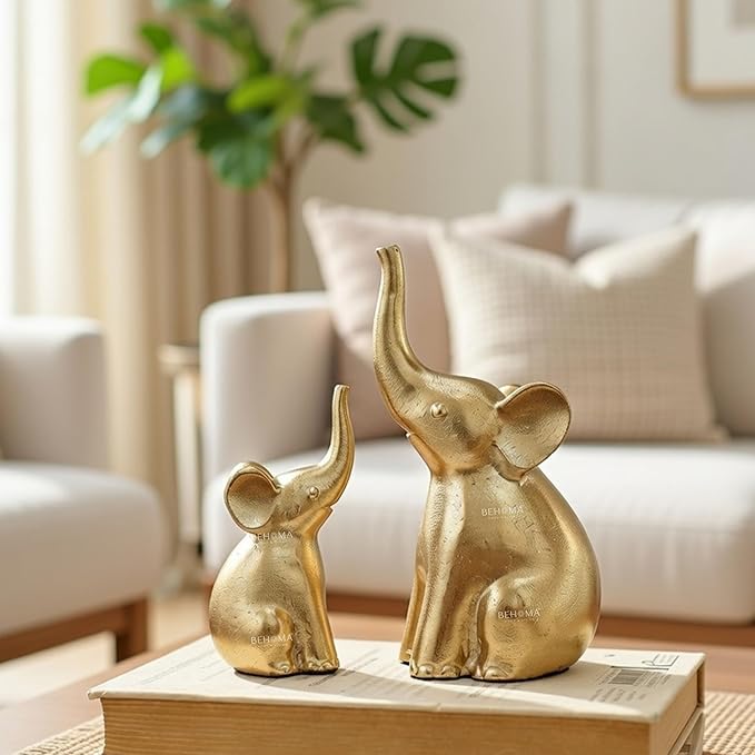 BEHOMA Aluminium Elephant Set of 2 Decorative Figurine Showpiece with Gift Box | Elegant Modern Tabletop Art for Living Room, Office, Bedroom, Shelf Display | Home Decor Accent (Large + Medium)