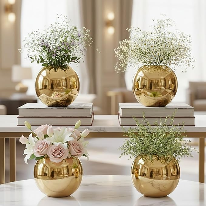 BEHOMA Metal Ball Round Metal Vase Set of 4 for Home Décor, Bedroom, Living Room, Office | Table Decorative Item for Festivals, Birthday, Wedding Decoration | Gold, Small (Flower Not Included)