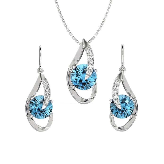Clara 925 Sterling Silver Sky Blue Eye Pendant Earring Chain Bracelet Ring Jewellery Set| Rhodium Plated, Swiss Zirconia | Gift for Women & Girls
