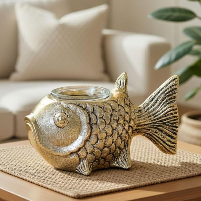 BEHOMA Aluminium Fish Figurine for Good Luck & Success,Candle Holder for Home Dcor Tabletop Living Room,Showpiece for Valentine's Day,Birthday(Scented Glass Votive Candle Included),Gold,13.5cm,9.5cm