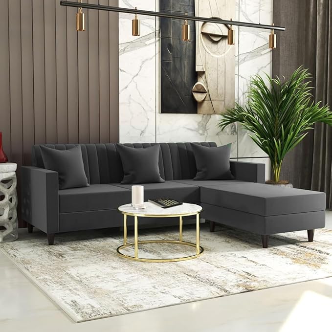 FURNY Carlo 4 Seater - L Shape Convertible Sofa Set for Living Room Furniture Sets 3 Piece Small Sofa, Modular Sectional Couch for Small Space, Upholstery-Velvet Fabric (Grey)