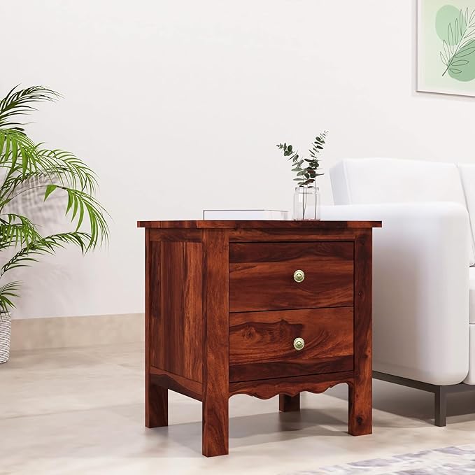 Amazon Brand - Solimo Mehraab Bedside Table with Two Drawers (Solid Sheesham Wood, Honey Finish)