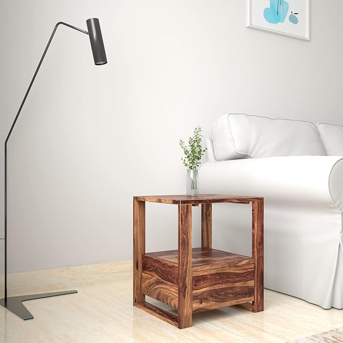 Amazon Brand - Solimo Cantio Bedside End Table with 1 Drawer (Solid Sheesham Wood, Natural Finish)