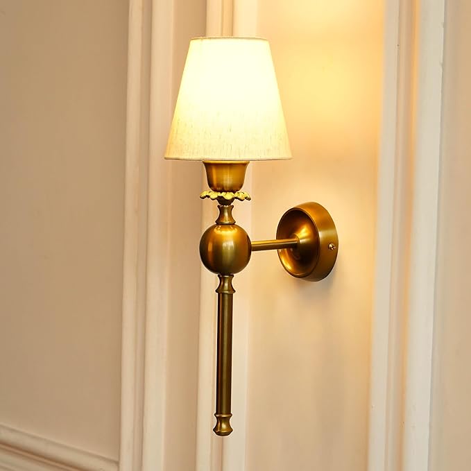Divine Trends Brass Antique Finish Wall Lamp with Off White Cotton Fabric Shade for Bedroom, Living Room, Home Decoration Pack of 1 Wall Light