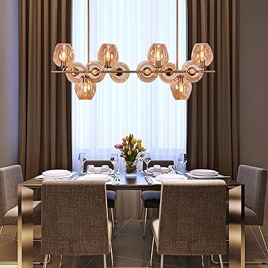 12 Amber Glass Ball Gold Chandelier for Living Room Modern, Hanging Lights for Living Room Smart Voice Assist (Google, Alexa), App Control (3 Color)