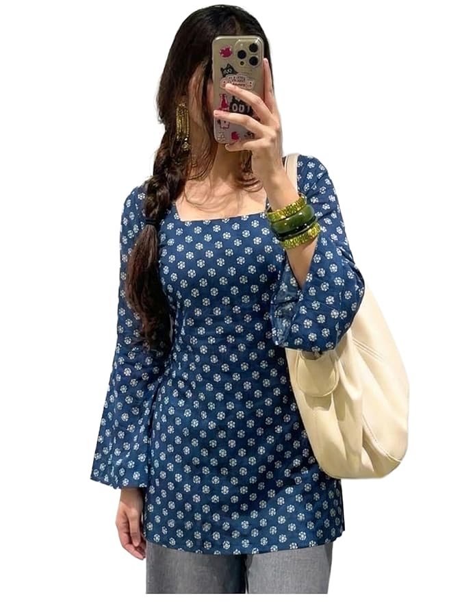 ANNI Designer Women’s Viscose Blend Printed Short Kurti | Straight Fit Casual Ethnic Top | Square Neck Full Sleeve Kurta Office College