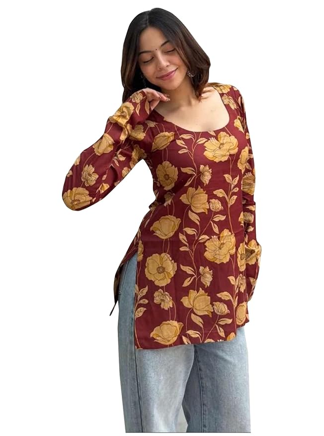 ANNI Designer Women’s Viscose Blend Printed Short Kurti for Women Latest Floral Square Neck Top | Short Kurtis for Woman | Kurti Tops for Women | Style with Jeans | Kurtas for Woman