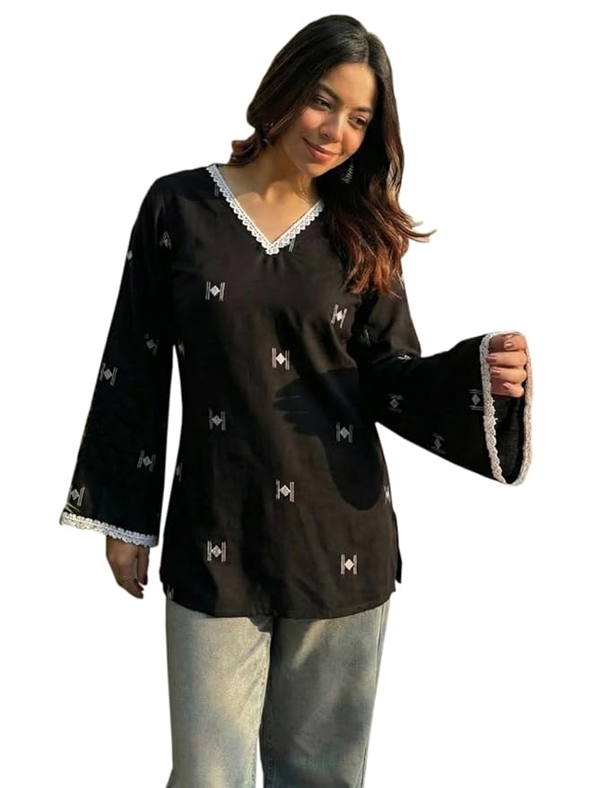 ANNI Designer Short Kurti for Women Latest Printed Design | V Neck Full Sleeve Kurti Tops for Women | Stylish Kurtis & Short Kurtis for Woman | Casual Kurti with Jeans | Kurtas for Woman