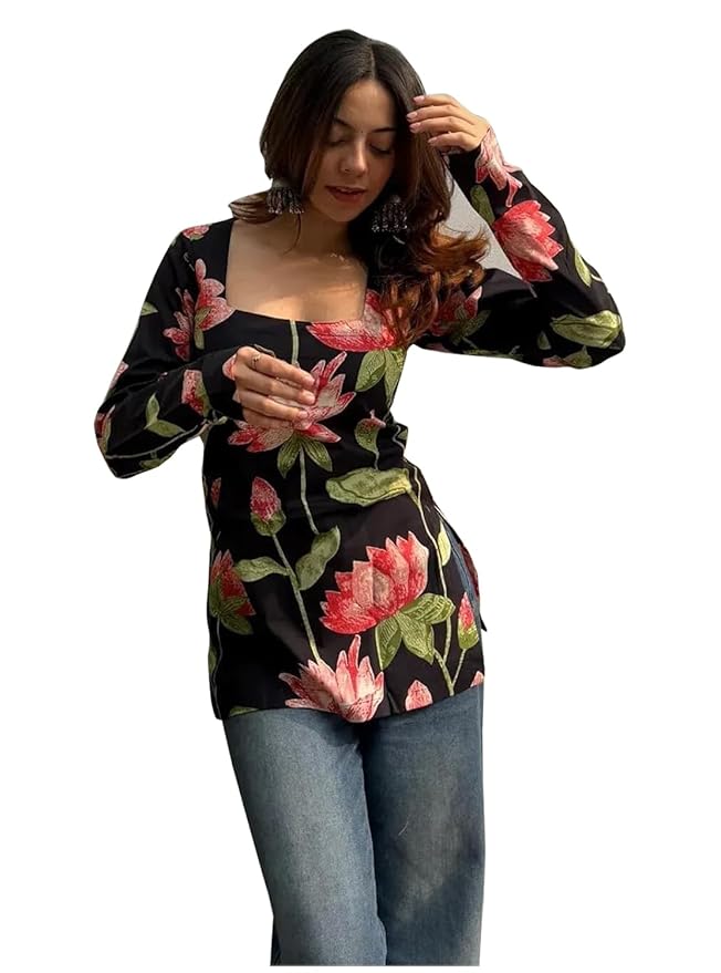 ANNI Designer Women’s Viscose Blend Printed Short Kurti for Women Latest Floral Design Square Neck Top | Short Kurtis for Woman | Kurti Tops for Women | Kurtas for Woman | Kurti with Jeans Styling