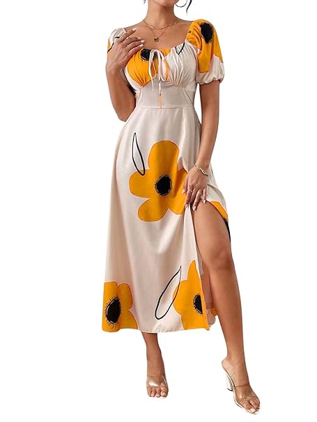 GRECIILOOKS Summer Dress for Woman | Boho Square Neck Long Dress | Women's Puff Sleeve Floral Printed A Line Maxi | Elegant Tie Front Slit Outfit | Comfortable Beach, Vacation, Party & Holiday Outfit