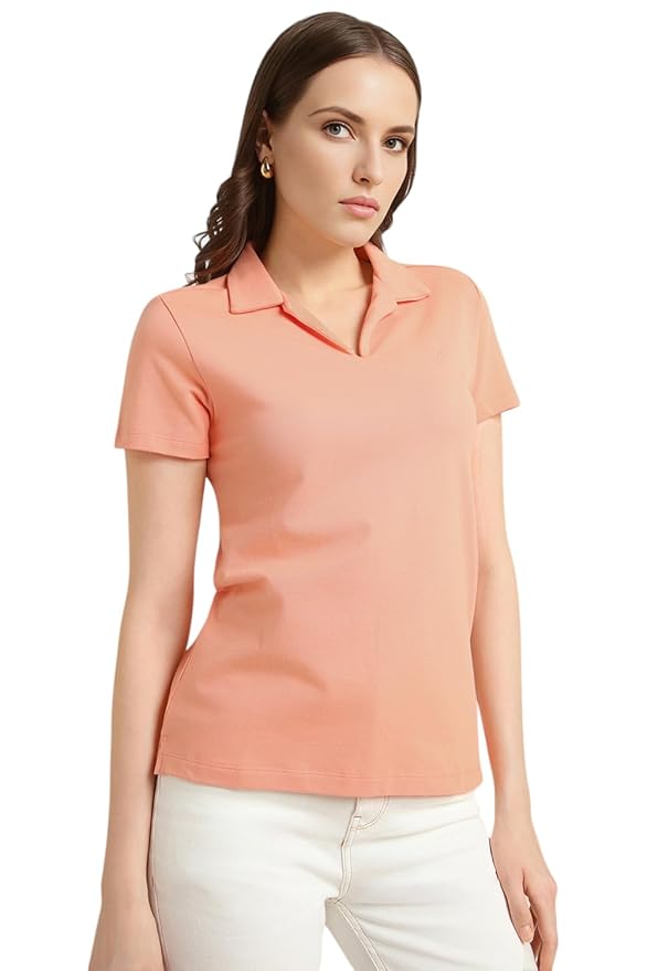 Van Heusen Women's Regular Comfort Fit Cotton Rich V Neck Polo T-Shirt