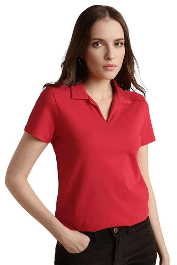 Van Heusen Women's Regular Comfort Fit Cotton Rich V Neck Polo T-Shirt