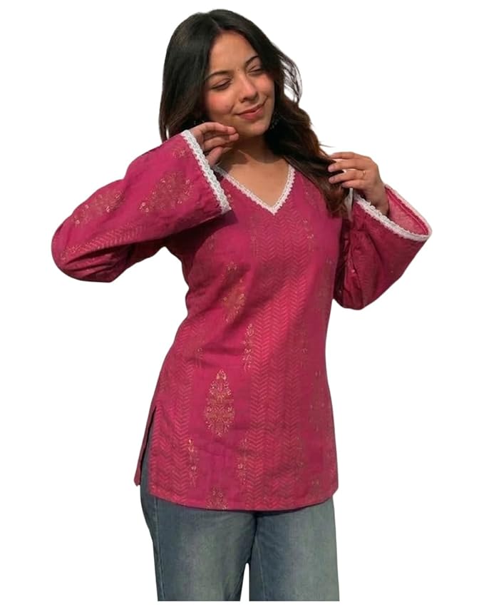 ANNI Designer Short Kurti for Women Latest Printed Design | V Neck Full Sleeve Kurti Tops for Women | Stylish Kurtis & Short Kurtis for Woman | Kurti with Jeans Casual Wear | Kurtas for Woman