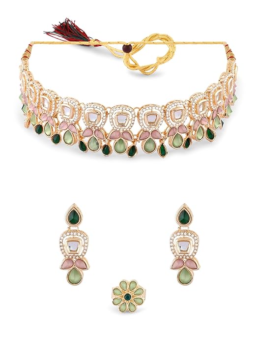 ZAVERI PEARLS Blue & Pink Meenakari Lotus Design Choker Necklace Earring & Ring Set For Women-ZPFK14435