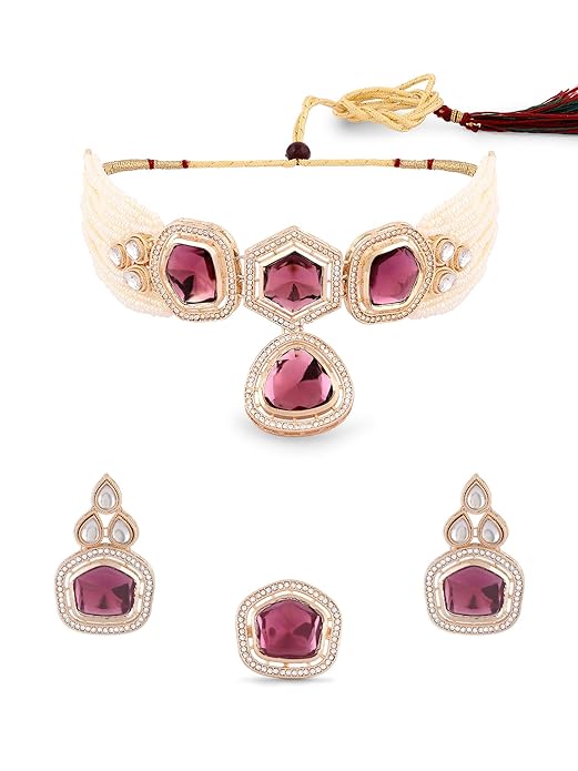 ZAVERI PEARLS Purple Multistrand Kundan Stones & Beads Choker Necklace Earring & Ring Set For Women-ZPFK16580