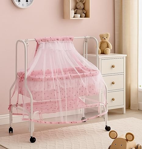 Amazon Brand - Supples Baby Cradle with Swing & Mosquito Net | 0-8 Months| Four Wheels with Brake | Swing Lock & Storage | Sturdy & Safe | Polypropylene/Mild Steel | Pink