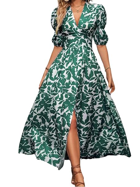 GRECIILOOKS Women's V-Neck Slit Maxi Dress Printed Boho Style, Short Sleeve, Tie Waist, Summer Casual Outfit