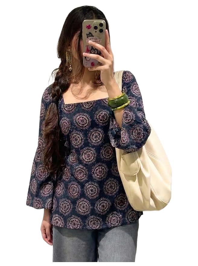 ANNI Designer Women’s Viscose Blend Printed Short Kurti | Straight Fit Casual Ethnic Top | Square Neck Full Sleeve Kurta Office College