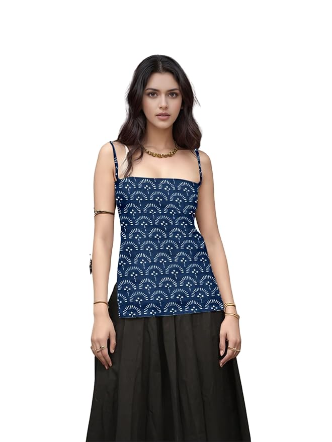 Aahwan Black Printed Square Neck Sleeveless Backless Short Indo-Western Ethnic Kurti Top for Women's & Girl's