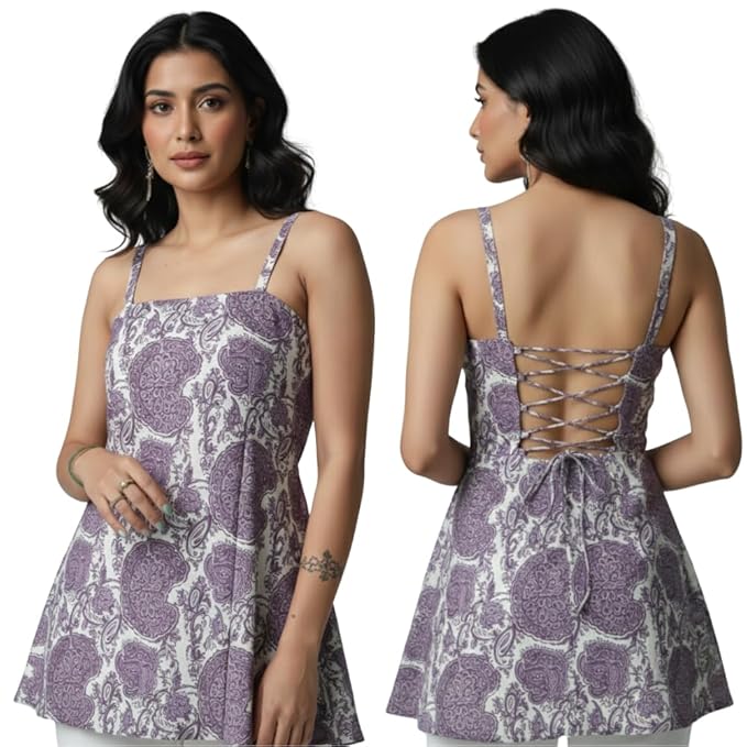 Leriya Fashion Top for Woman S-L | Sleeveless Floral Square Neck Rayon Silhouette | Women Tops for Summer Clothes for Women, Office Fridays, Vacation Outfits & Premium Boutique Back-Tie Styling
