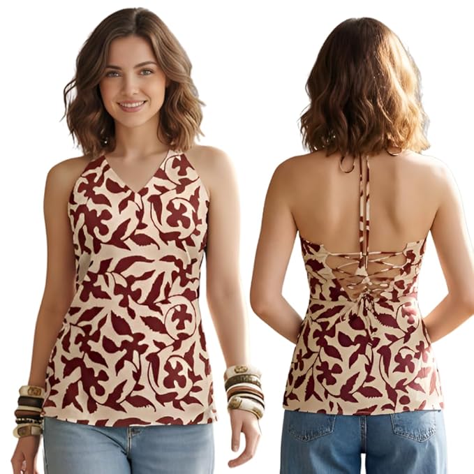 Leriya Fashion Top for Woman S-L | Sleeveless Floral Square Neck Rayon Silhouette | Women Tops for Summer Clothes for Women, Office Fridays, Vacation Outfits & Premium Boutique Back-Tie Styling