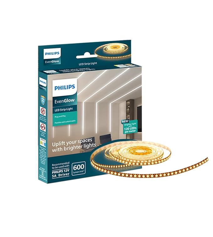 Philips LED Profile Light for Ceiling | 5-Meter 120 LED Strip Light for Home Decoration | Even Glow, Warm White | Pack of 1 (Driver Required Separately) Polycarbonate