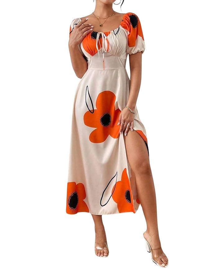 GRECIILOOKS Summer Dress for Woman | Boho Square Neck Long Dress | Women's Puff Sleeve Floral Printed A Line Maxi | Elegant Tie Front Slit Outfit | Comfortable Beach, Vacation, Party & Holiday Outfit