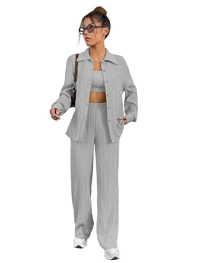 Shasmi Women’s 3-Piece Co-ord Set – Solid Button Front Shirt, Strapless Tube Top & Wide Leg Pants | Casual Loose Fit Western Outfit for Daily Spring/Fall Wear (Co-Ord-208)