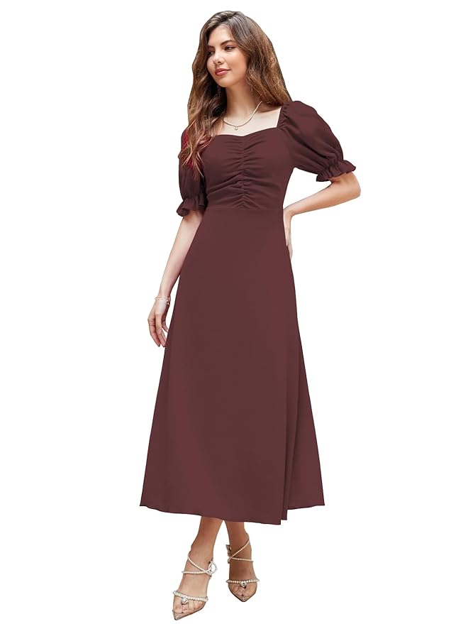 Shasmi Girl's & Women's Solid A-Line Ruched Puff Sleeve Maxi Long Evening One Piece Long Dress for Women Stylish (Dress 131)