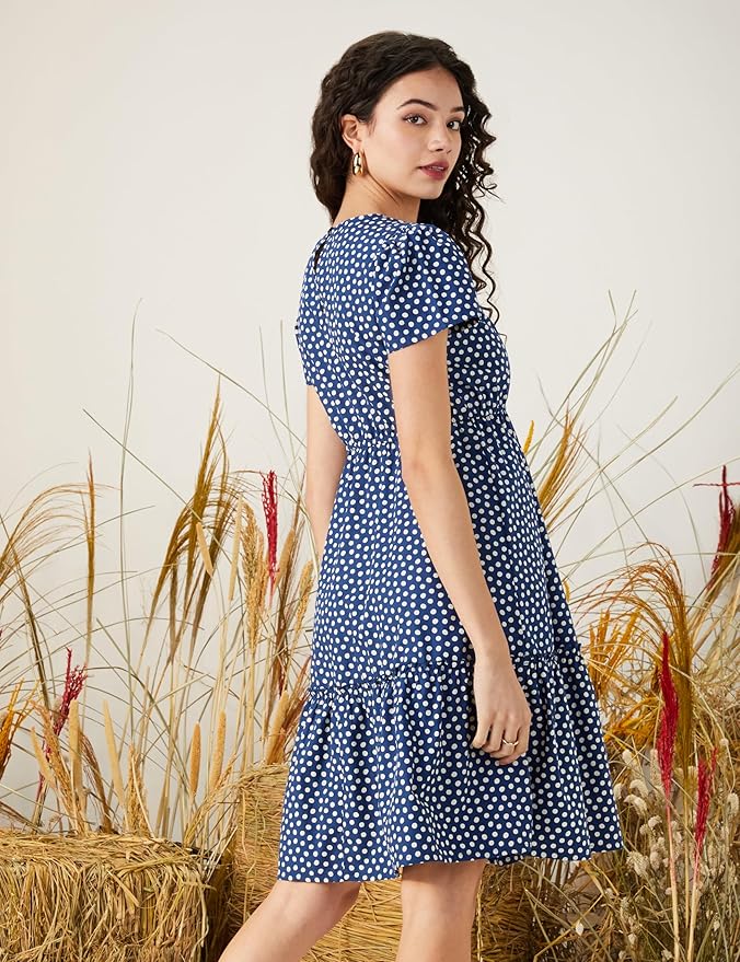 Amazon Brand - Symbol Women Rayon Fit and Flare One Piece Knee Length Tiered Dress (Available in Plus Sizes)