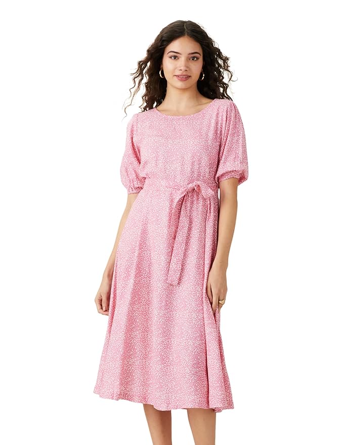 Amazon Brand - Symbol Women's Rayon Fit and Flare One Piece Midi Length Dress (with Self Fabric Belt) (Available in Plus Sizes)