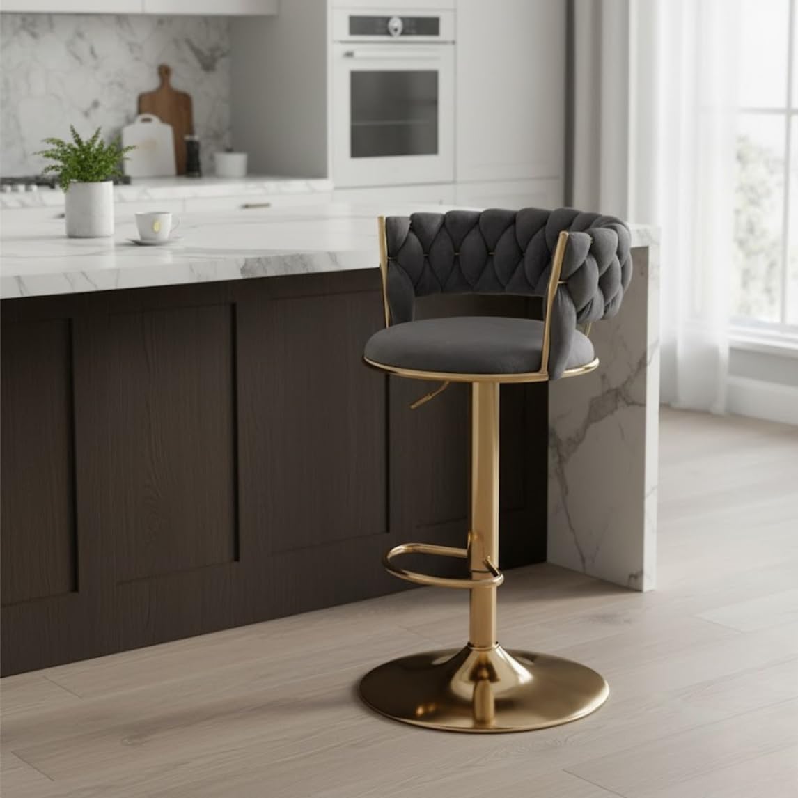 Creative Adjustable Grey Velvet Bar Stool with Tufted Backrest, Gold Metal Base, Swivel Counter Height Chair for Kitchen Island and Home Bar (Pack of 1)