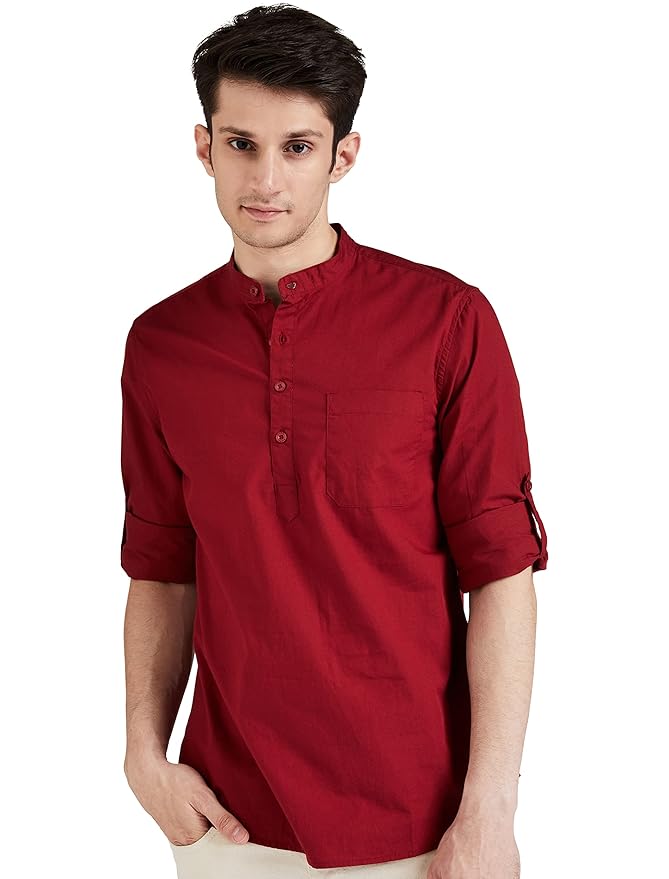 Amazon Brand - Symbol Men's Cotton Shirt | Kurta Placket Style | Casual | Plain | Full Sleeve | Summer - Regular Fit (Available in Plus Sizes)