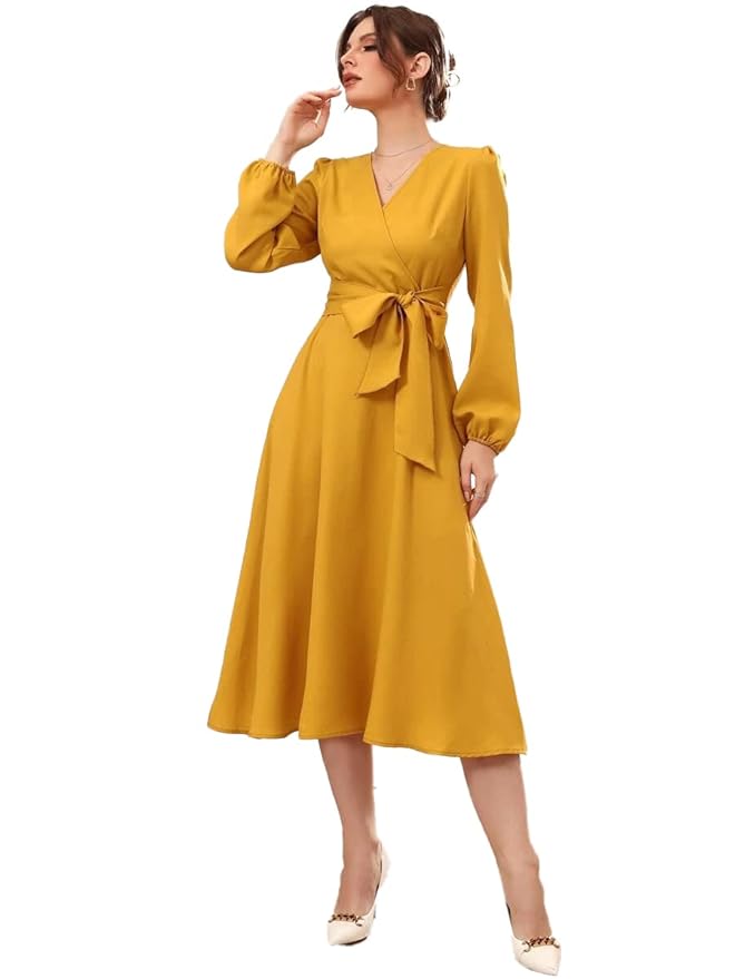 Istyle Can Dress for Women Belted Wrap Dress with Bishop Sleeves Surplice Neck High Waist & Flared Hem Midi Dress