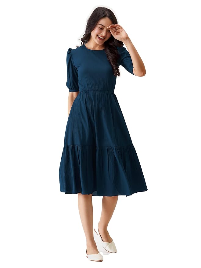 Istyle Can Solid Puff Sleeve Crepe Fit & Flare Midi Dress with Round Neck, Short Sleeves, Gathered Details, and Flared Hemline for Party Occasions