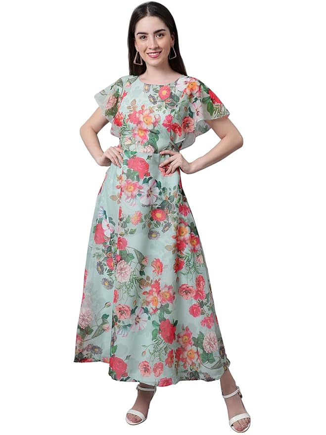 Shasmi Women's Dress | Flare Straight, Maxi Gown | Ankle Length | Short Sleeves | Butterfly Sleeves Style| Casual| Party | Wedding | Festival | Formal (Maxi Gown)
