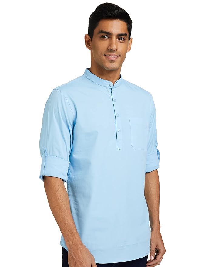 Amazon Brand - Symbol Men's Cotton Shirt | Kurta Placket Style | Casual | Plain | Full Sleeve | Summer - Regular Fit (Available in Plus Sizes)