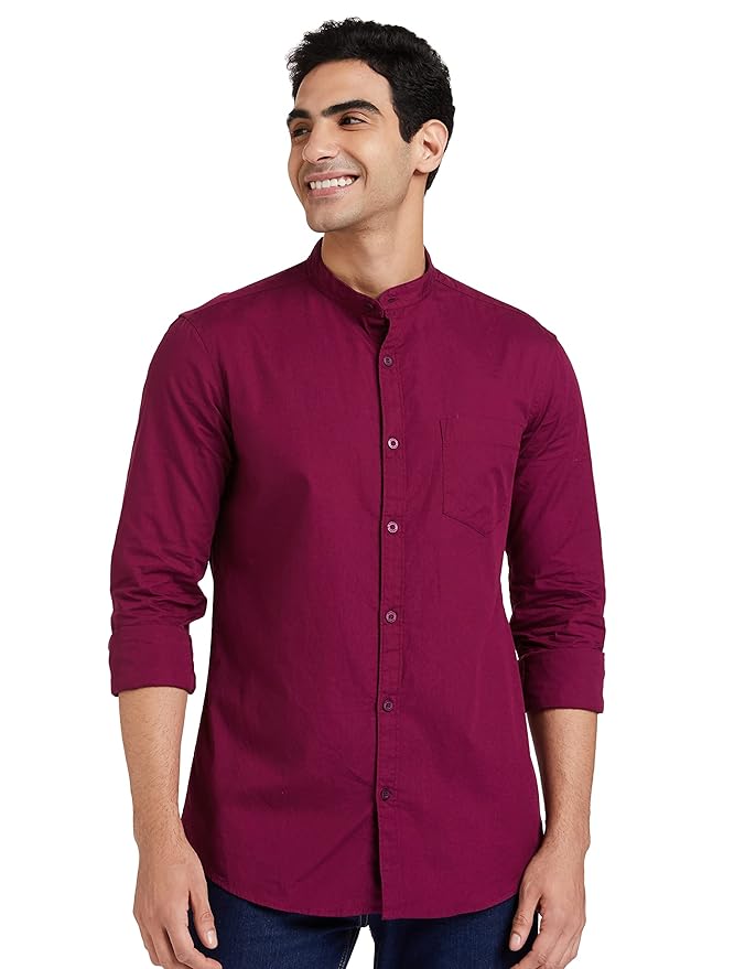 Amazon Brand - Symbol Men's Cotton Shirt | Chinese Collar | Casual | Plain | Full Sleeve | Summer - Regular Fit (Available in Plus Sizes)