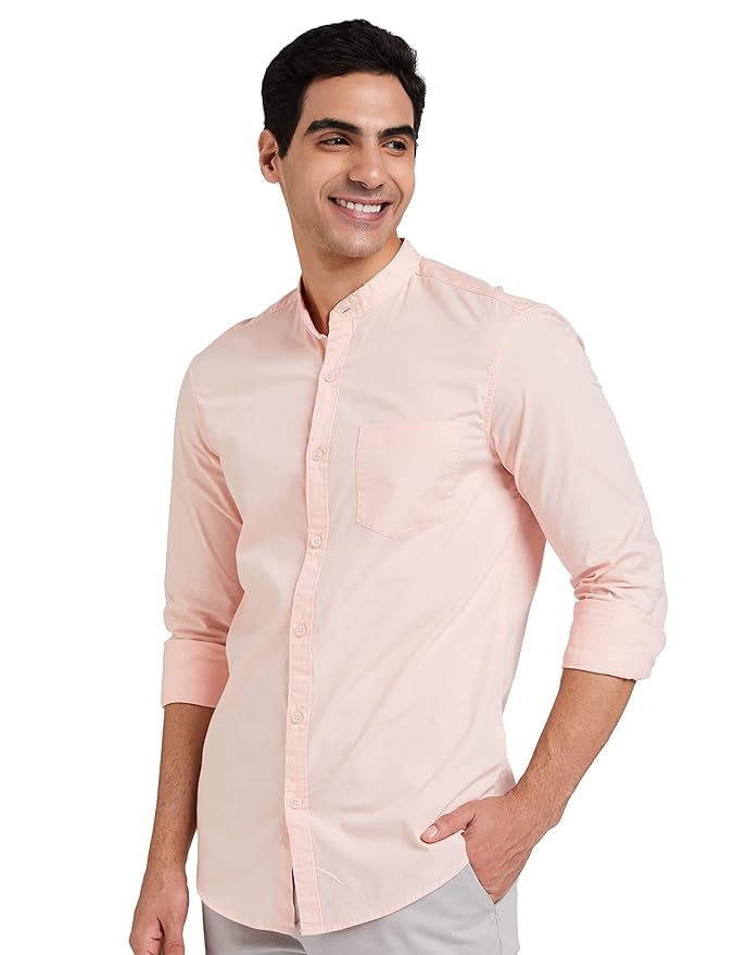 Amazon Brand - Symbol Men's Cotton Shirt | Chinese Collar | Casual | Plain | Full Sleeve | Summer - Regular Fit (Available in Plus Sizes)
