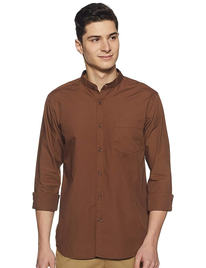 Amazon Brand - Symbol Men's Cotton Shirt | Chinese Collar | Casual | Plain | Full Sleeve | Summer - Regular Fit (Available in Plus Sizes)