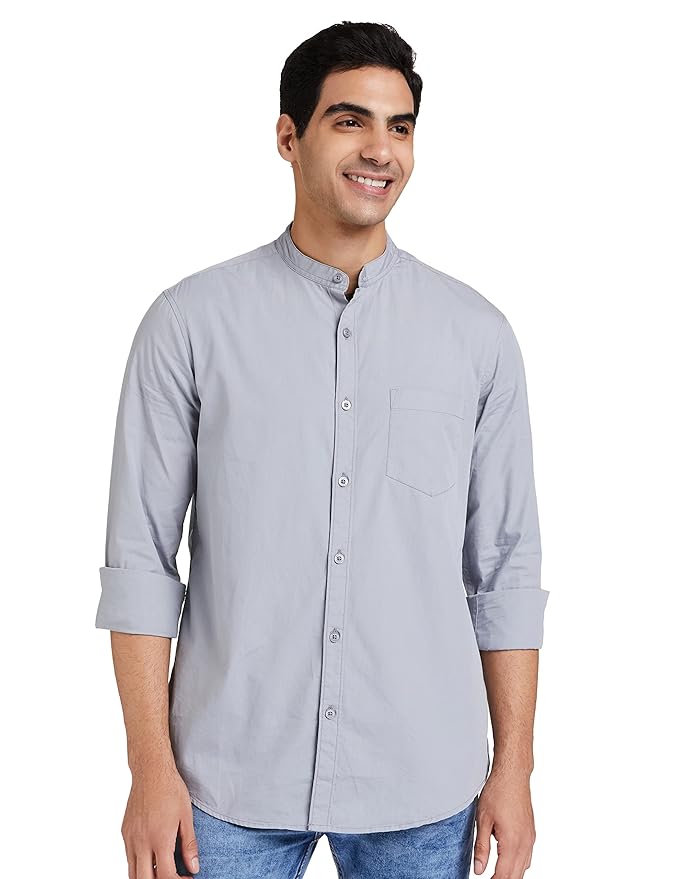 Amazon Brand - Symbol Men's Cotton Shirt | Chinese Collar | Casual | Plain | Full Sleeve | Summer - Regular Fit (Available in Plus Sizes)