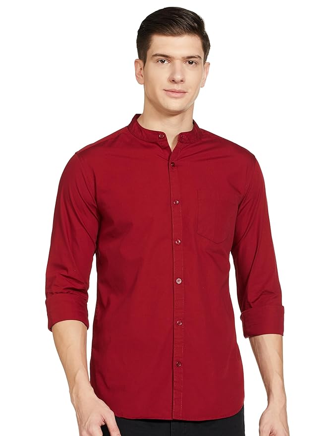 Amazon Brand - Symbol Men's Cotton Shirt | Chinese Collar | Casual | Plain | Full Sleeve | Summer - Regular Fit (Available in Plus Sizes)