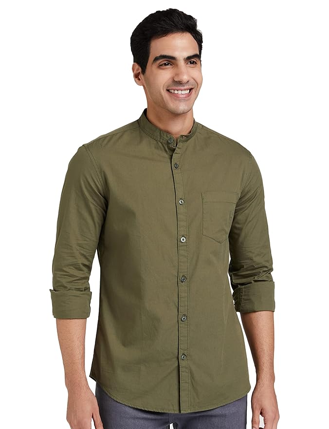 Amazon Brand - Symbol Men's Cotton Shirt | Chinese Collar | Casual | Plain | Full Sleeve | Summer - Regular Fit (Available in Plus Sizes)