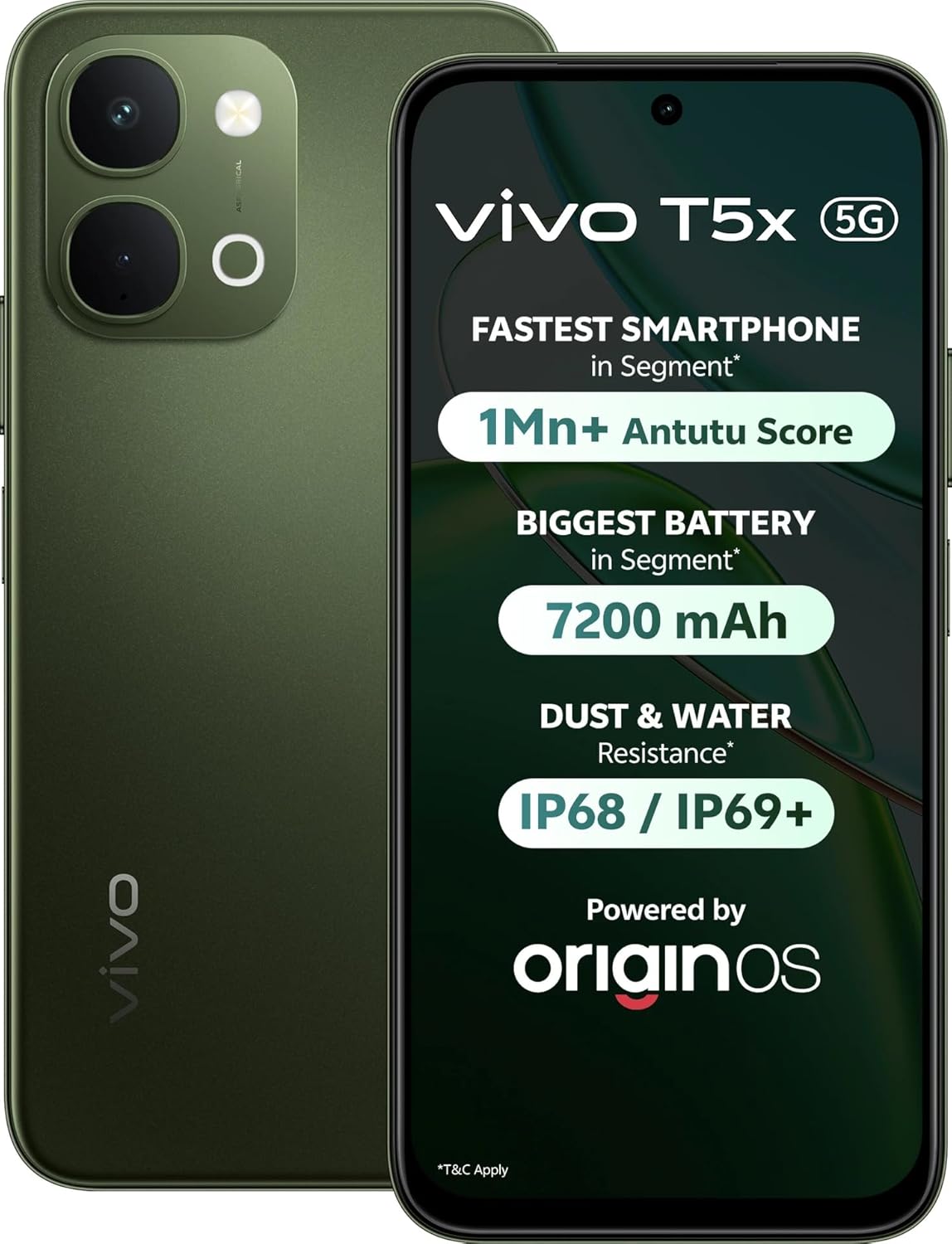 vivo T5x 5G (Cyber Green, 6GB RAM, 128GB Storage) | 50MP AI Dual Camera | 32MP Selfie | 6.76" FHD+ Display | 7200mAh Battery | Dimensity 7400-Turbo Processor | Fast Charging | Dual SIM Smartphone