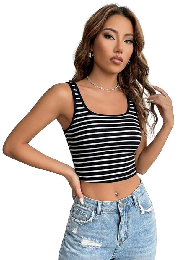 Aahwan Women's Polyester Slim Fit Solid Striped Print Crop Tank Top