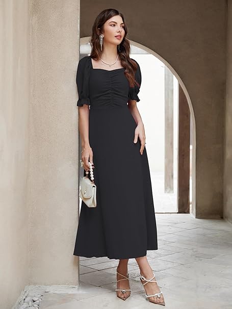 Shasmi Girl's & Women's Solid A-Line Ruched Puff Sleeve Maxi Long Evening One Piece Long Dress for Women Stylish (Dress 131)