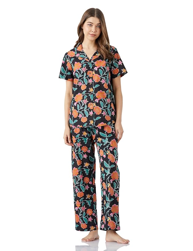 Amazon Brand - Myx Women Cotton Shirt and Relaxed Pajama Set | Night Suit Set (Available in Plus Sizes)